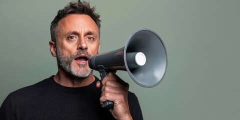 A middle-aged man in his 40s, confidently using a megaphone to make an important announcement, isolated on a neutral background