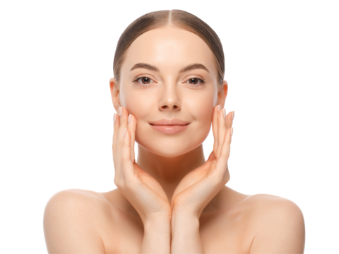 Close-up portrait of young beautiful smiling female touching cheeks with fingers as if applying skincare cream