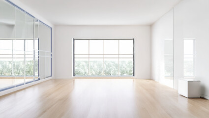 Fototapeta premium Minimalist Empty Room with Large Window and Hardwood Flooring
