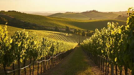 Naklejka premium Serene Vineyard with Rolling Hills at Sunset