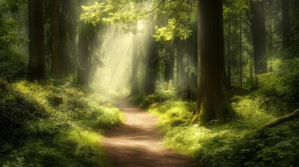 Serene Woodland Path Through Lush Forest Light