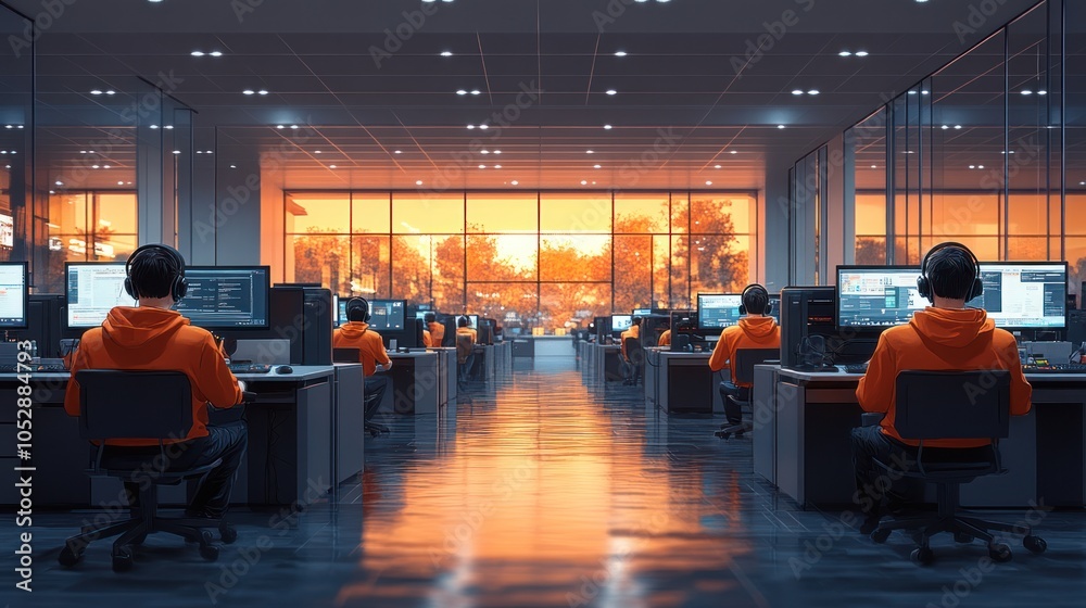 Poster row of programmers working in an office at sunset