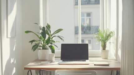 Fototapeta premium Minimalist workspace, simple desk setup with a laptop and a plant, clean and organized, bright natural light, promoting productivity, stock-ready,