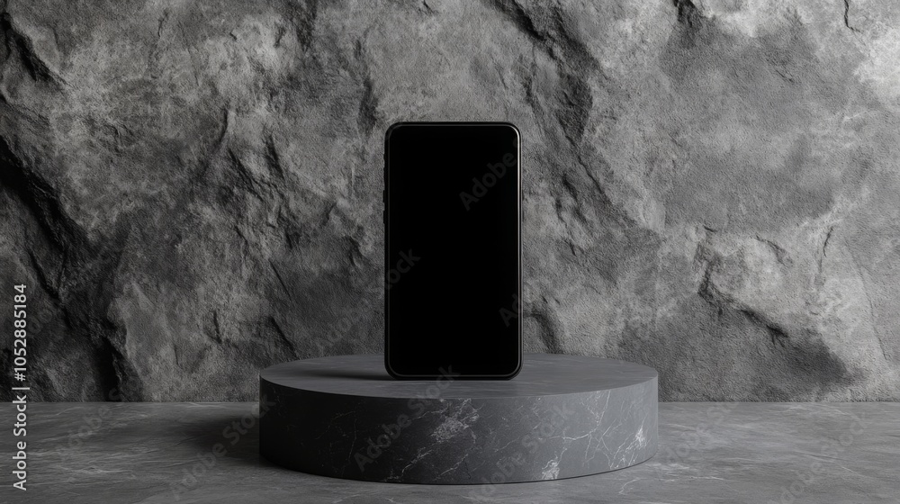 Poster A black smartphone with a blank screen sits on a gray, circular platform. The platform is in front of a gray, rocky wall with a rough texture.