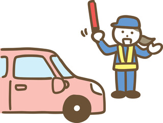 Naklejka premium 車を誘導している若い女性の警備員(全身)