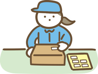 シールを箱に貼る作業員の若い女性(上半身)