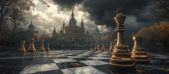 Giant golden chess pieces stand on a large chessboard in front of a fairytale castle with dramatic stormy clouds in the sky.