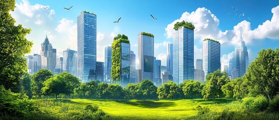 Obraz premium A vibrant city skyline with lush greenery, showcasing sustainable architecture and nature coexisting harmoniously under a clear blue sky.