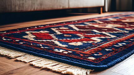 Close-up of a richly patterned rug with fringes, showcasing its intricate details and warm colors.