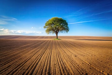 Fototapeta premium Plowed field with lone tree and distant trees