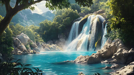 A vibrant waterfall cascading into a turquoise lake, with rocky shores and lush greenery framing the scene 