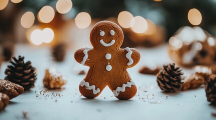 A cheerful gingerbread man stands out against a white background, surrounded by festive decorations and holiday treats