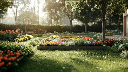 Obraz premium Sunrise in a lush garden with blooming flowers and green grass