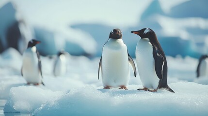 Obraz premium Antarctica Day Celebration with Penguins on Ice, Floating Icebergs Under Clear Sky, Perfect Minimalistic Background for Text and Branding, Showcasing the Beauty of the Antarctic Landscape