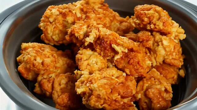 sight bucket full crispy golden Kentucky fried chicken wings legs captured stunning 360degree rotation deliciousness popular dish 4K UHD wing leg tasty closeup roast breaded meal