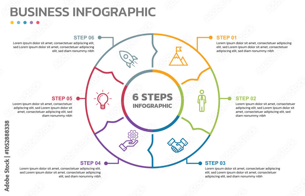 Poster Visual data presentation. Cycle diagram with 6 options. Pie Chart Circle thin line infographic template with 6 steps, options, parts, segments. Business concept. Editable pie chart with sectors.