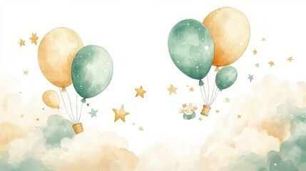 Fototapeta premium Watercolor Illustration of a Cute Koala Holding Green and Beige Balloons, Floating Among Clouds and Stars on a White Background, Ideal for Nursery Art and Children's Decor
