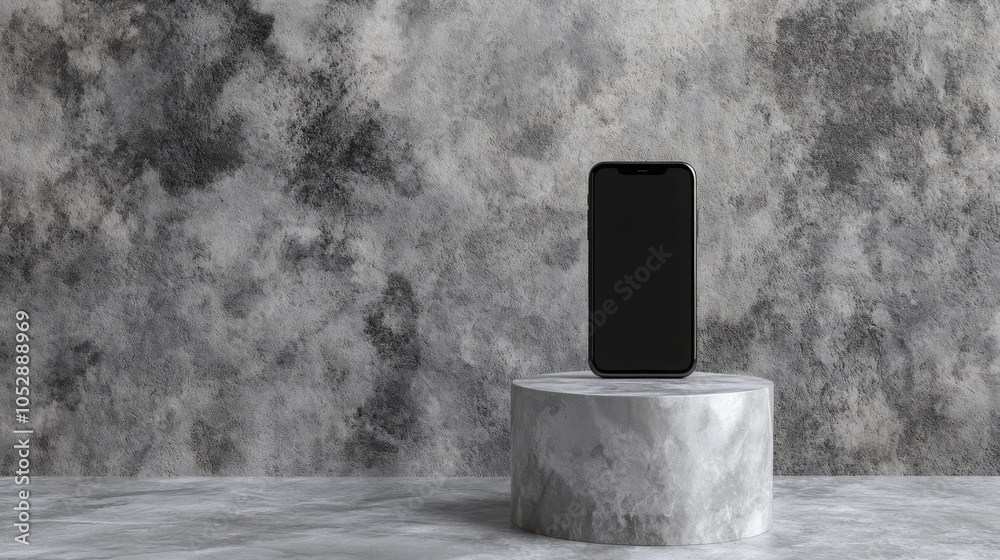 Leinwandbilder a sleek smartphone stands upright on a circular marble pedestal. the backdrop features a textured su