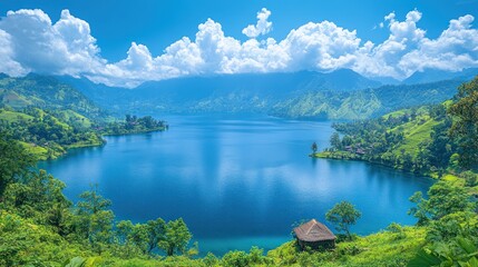 Fototapeta premium Tranquil Lake Surrounded by Lush Green Mountains and a Single Hut