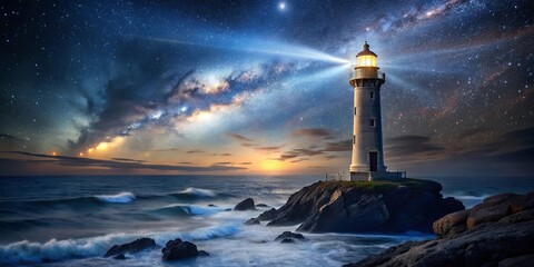 A solitary lighthouse stands tall on a rugged coast, its beam cutting through the star-studded sky and the swirling ocean waves below. © PloyJai