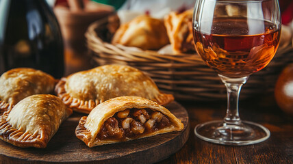 Delicious homemade empanadas served with a glass of aromatic wine in a cozy setting