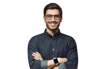Smiling handsome man in blue denim shirt standing with crossed arms with smartwatch on wrist