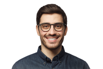 Headshot of smiling handsome man with trendy haircut and glasses