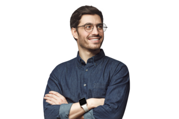 Young man looking away standing with crossed arms, wearing round glasses