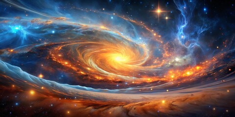 A swirling galaxy, a luminous core, and a celestial horizon, painted in hues of blue, orange, and gold, with scattered stars twinkling in the vast darkness.