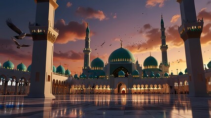 Green mosque at night