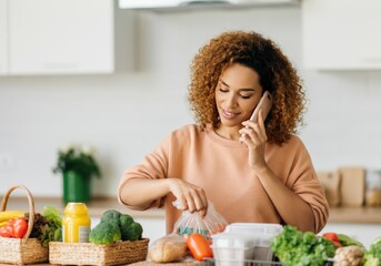 Woman unpacking groceries while on the phone in the kitchen