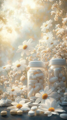 Obraz premium Two white vases with pills inside and a bunch of white flowers. The vases are placed on a table