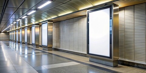 Obraz premium Blank Advertisement Panels Lined Up in a Subway Concourse with Bright Fluorescent Lighting and Smooth Tiled Floor