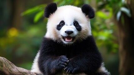 Fototapeta premium Cute Panda Sitting and Smiling, Radiating Joy and Playfulness in a Whimsical Setting, Perfect for Animal Lovers and Children's Illustrations