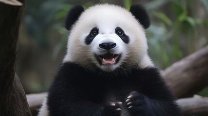 Obraz premium Cute Panda Sitting and Smiling, Radiating Joy and Playfulness in a Whimsical Setting, Perfect for Animal Lovers and Children's Illustrations