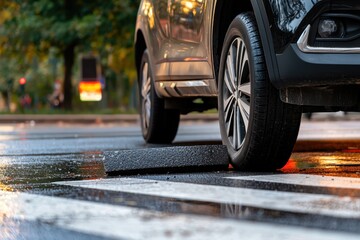 Car accident near a pedestrian crosswalk, with a vehicle hitting the curb, leaving ample blank space for local government road safety campaigns or personal injury law firm advertisements