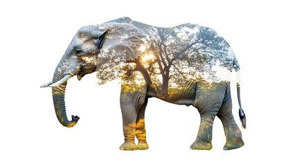 Fototapeta premium Elegant Elephant Silhouette Against an African Savanna Background on a White Canvas, Capturing the Majestic Essence of Wildlife and Nature in a Simple Yet Striking Design
