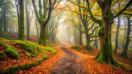 Obraz premium A winding path through a forest of moss-covered trees bathed in the soft light of autumn