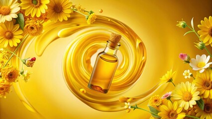 Fototapeta premium Yellow essential oil flowing in a spiral pattern, extracted from natural substances and flowers, Essential oil, natural