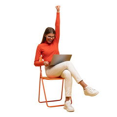 Excited young woman sitting on chair with laptop, shouting yes as winner