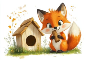 Obraz premium Cute Cartoon Fox Holding Stick Near Birdhouse