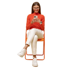 Woman sitting on chair surfing mobile internet on phone
