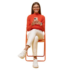Woman spending leisure time surfing mobile internet sitting on chair