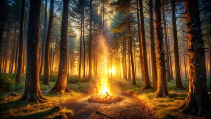 Obraz premium Golden Light Illuminates a Forest Path, Where a Bonfire Burns Brightly, Casting Shadows on the Surrounding Trees