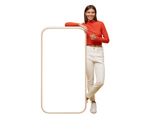 Young woman standing and showing blank screen of huge phone, mockup for your app