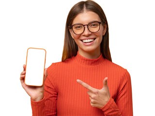 Portrait of happy young woman pointing to blank phone screen
