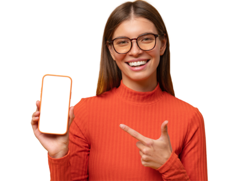 Portrait of happy young woman pointing to blank phone screen