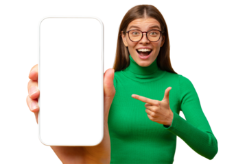 Excited shocked young woman pointing finger to blank phone screen with copy space