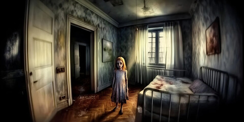 Haunted Bedroom:  A chilling glimpse into a forgotten room, where a ghostly figure stands amidst the decay.  The bed, stained with blood, suggests a tragic past.
