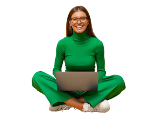 Happy millennial girl in green sitting on floor with laptop on knees